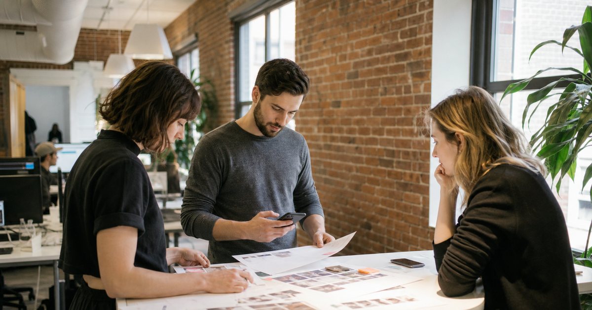 Small creative agency open-plan office with three people at standing desks reviewing printed storyboards and phones, large windows, brick wall, afternoon light