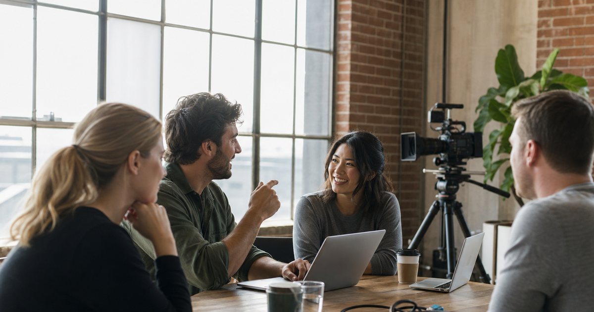 A small marketing team working together at a long wooden table in a bright loft office, morning light through tall industrial windows, a video camera on a tripod nearby, coffee cups and a coiled cable on the table, people talking with relaxed body language