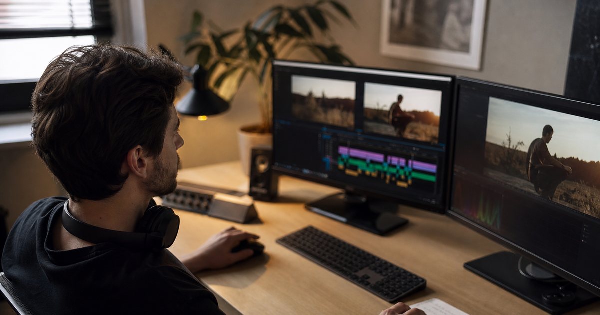 Video editor at a desk with two monitors showing a color timeline, headphones around neck, notepad with handwritten notes, soft lamp light in a home studio