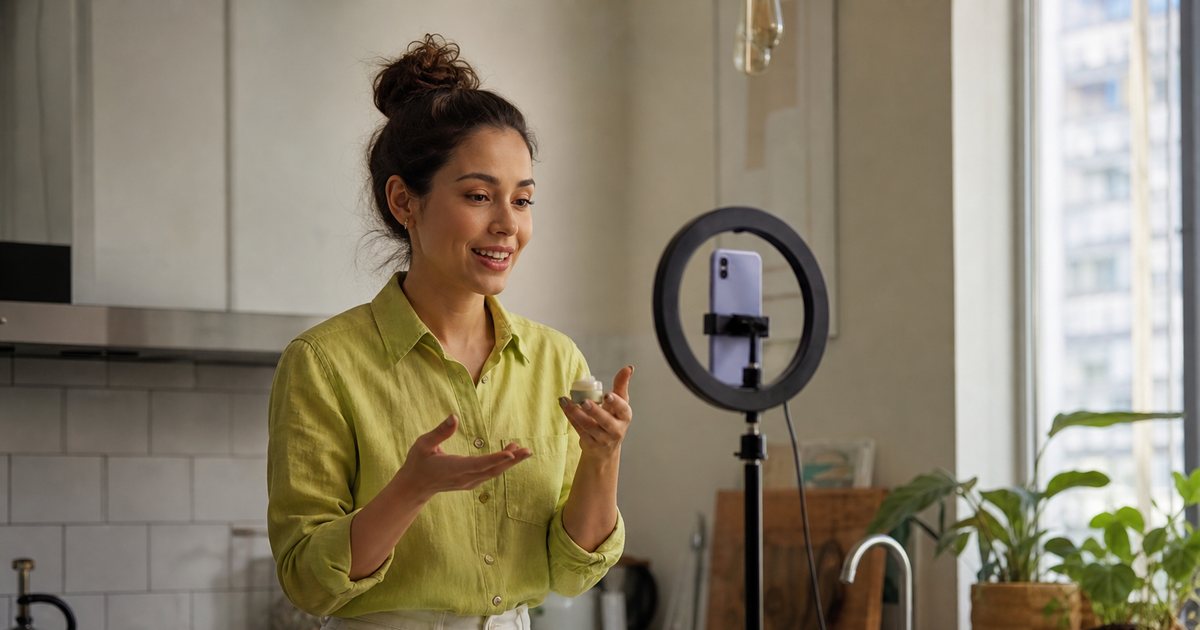 Young creator filming a product video in a sunlit apartment kitchen with a phone on a ring light stand, a small speaker on the counter, plants on the windowsill