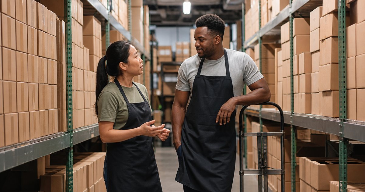 A retail stockroom aisle with plain cardboard boxes stacked on metal shelving, two staff members in aprons standing and talking, a hand truck parked beside them, warm overhead lighting from the ceiling