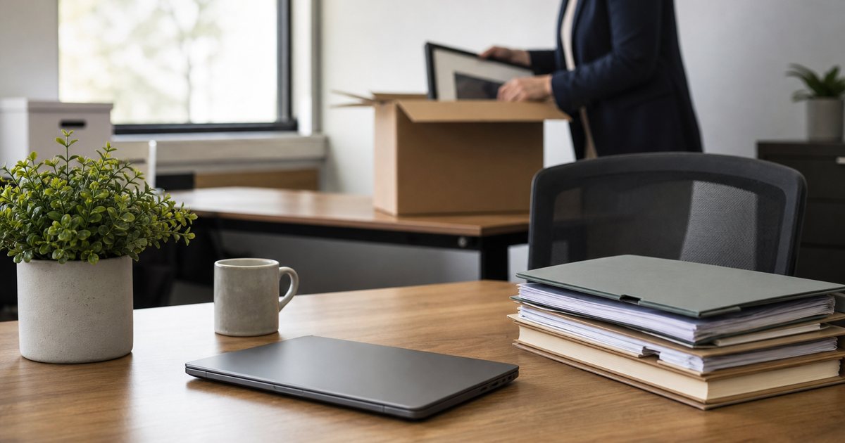 Empty office desk with a closed laptop, a stack of labeled folders, a potted plant, and a coffee mug, colleague in the background boxing up items, soft window light