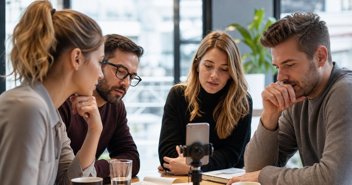 Marketing team at a bright office table reviewing a short vertical video on a phone mounted on a small tripod, notebooks and coffee cups nearby, natural daylight